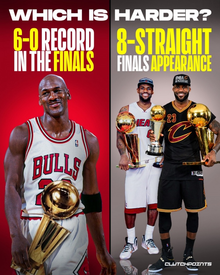 美媒发问：乔丹总决赛6胜0负 詹姆斯连续8年进总决赛 哪个更难？