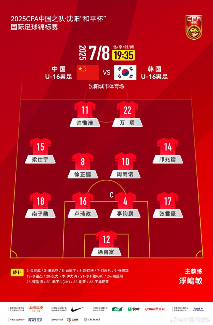 中国U-16男足VS韩国U-16男足，中国队首发名单出炉