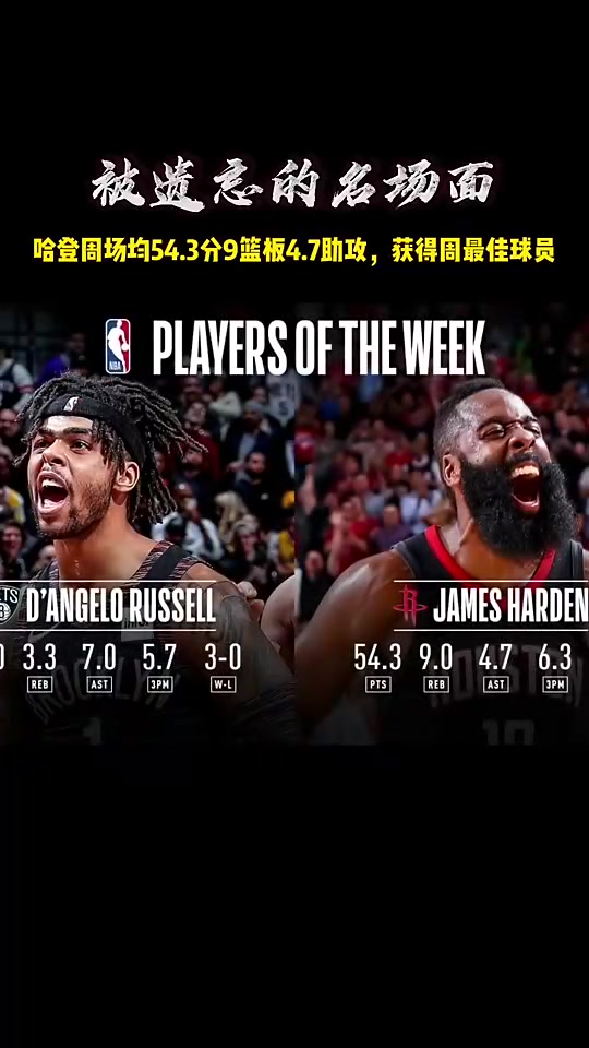 能有人超越吗！19年的哈登场均54.3分获得了周最佳~