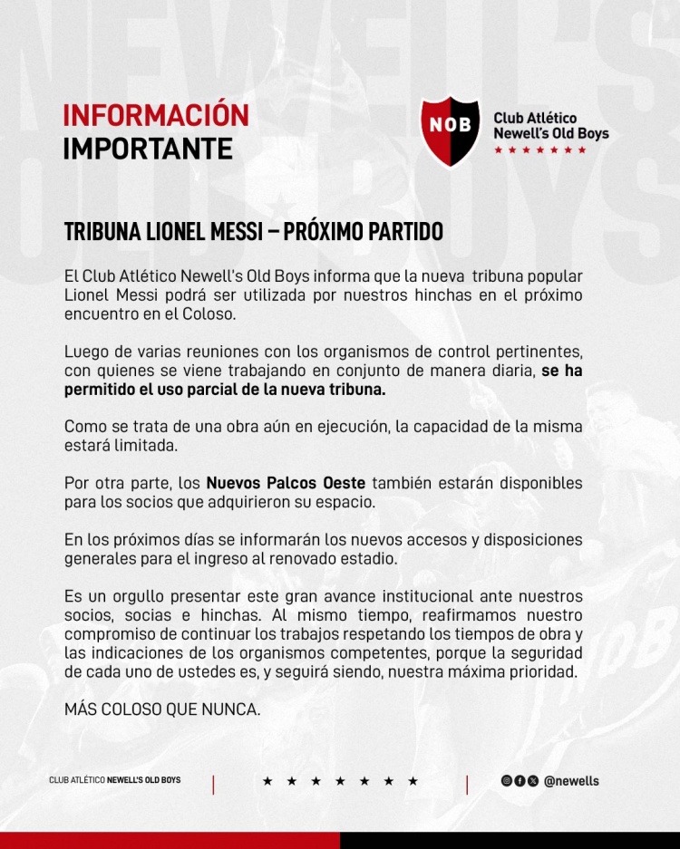 纽维尔老男孩官方：梅西看台将在下场比赛中向球迷开放