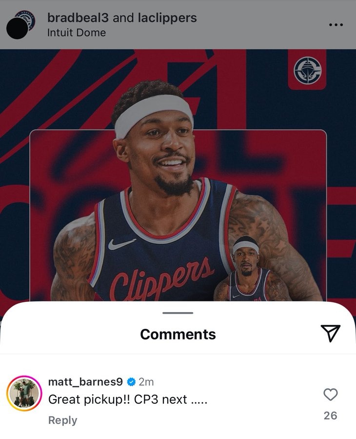 比尔加盟快船！马特-巴恩斯：非常棒的补充 接下来CP3