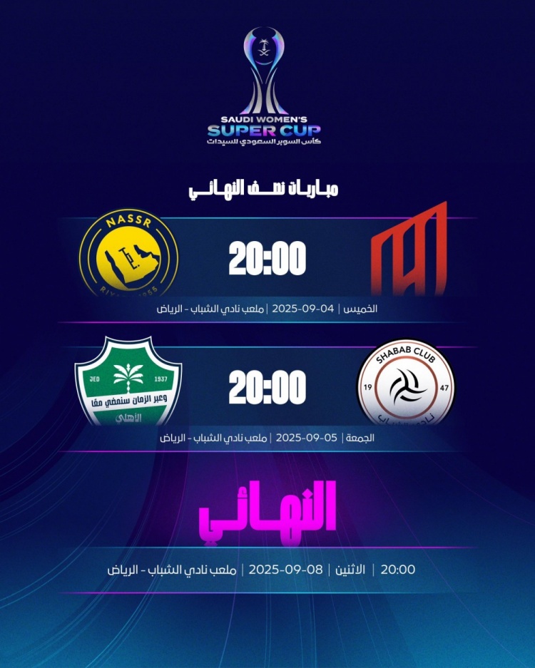 女足沙超杯对阵：利雅得胜利vs卡迪西亚、吉达国民vs利雅得青年人