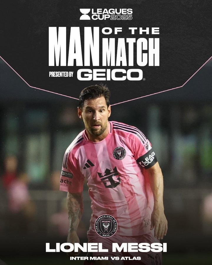 助攻梅开二度！梅西当选迈阿密国际2-1阿特拉斯全场最佳