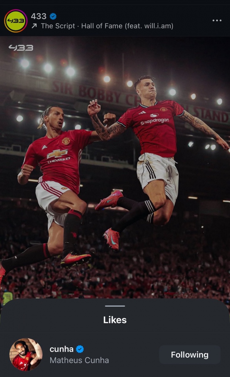 433社媒晒塞斯科追随伊布脚步加盟曼联图片，库尼亚点赞