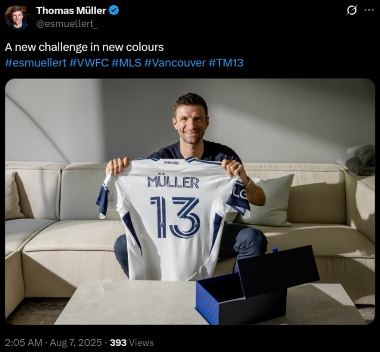 加盟温哥华白浪，穆勒社媒：身披全新颜色球衣的新挑战