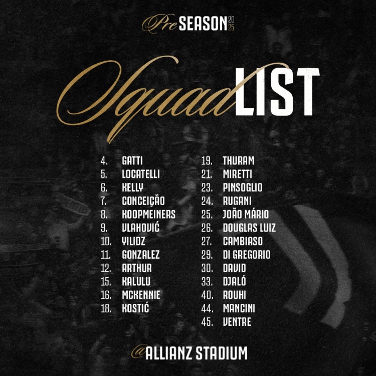 尤文对阵U23热身赛名单：戴维、弗拉霍维奇、道格拉斯-路易斯在列