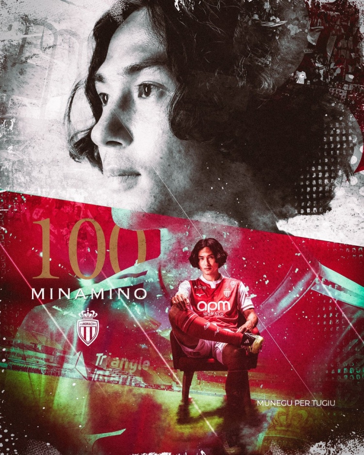 南野拓实代表摩纳哥出战100场成就达成，摩纳哥官媒晒海报纪念