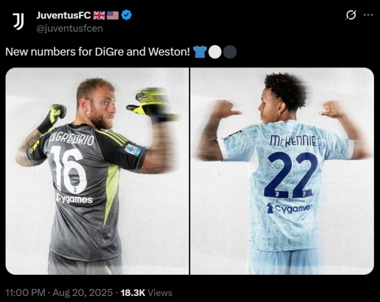 尤文官方：迪格雷戈里奥改穿16号球衣 麦肯尼穿22号