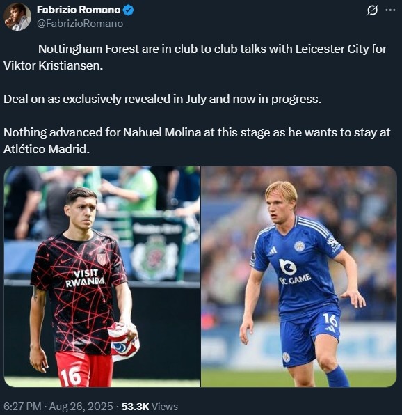 罗马诺：诺丁汉森林在和莱斯特城谈后卫克里斯蒂安森的转会