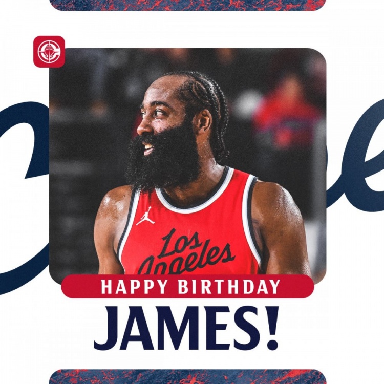 快船官推发文：祝詹姆斯-哈登36岁生日快乐🎉
