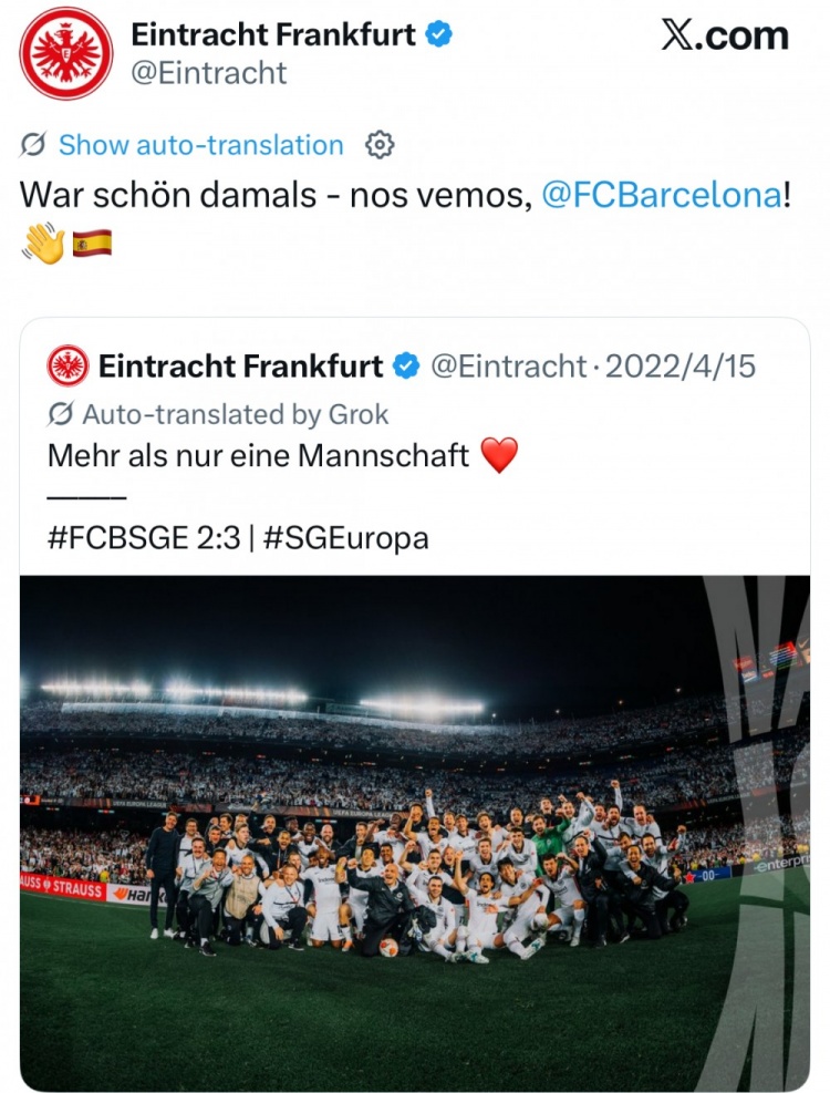 再度重相逢，法鹰官方回顾22年欧联杯客胜巴萨：一段美妙的经历