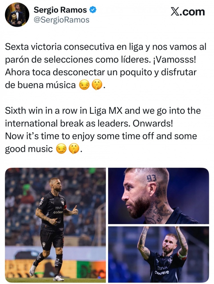助蒙特雷联赛6连胜&榜首，拉莫斯社媒：是时候放松放松，听听音乐