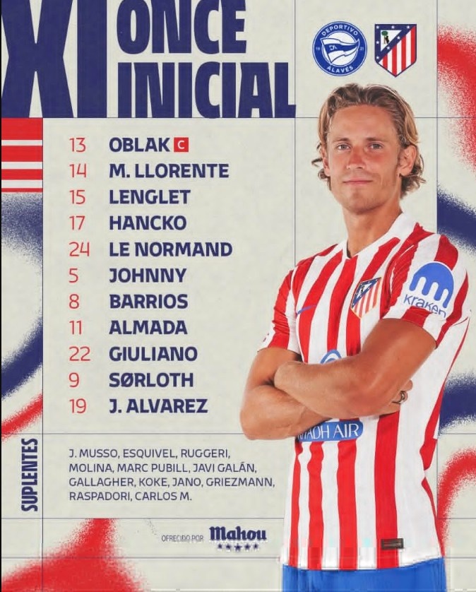 马竞客战阿拉维斯首发：小蜘蛛领衔，新援阿尔马达、汉茨科在列