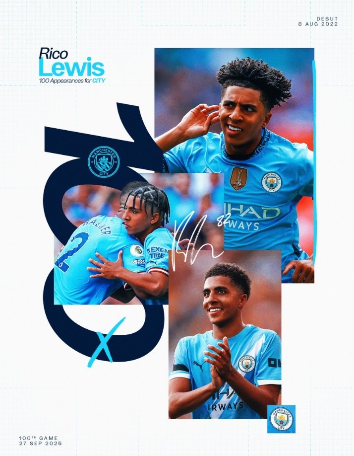 本队青训球员21岁前出场达到100次，刘易斯是英超时代曼城第三人