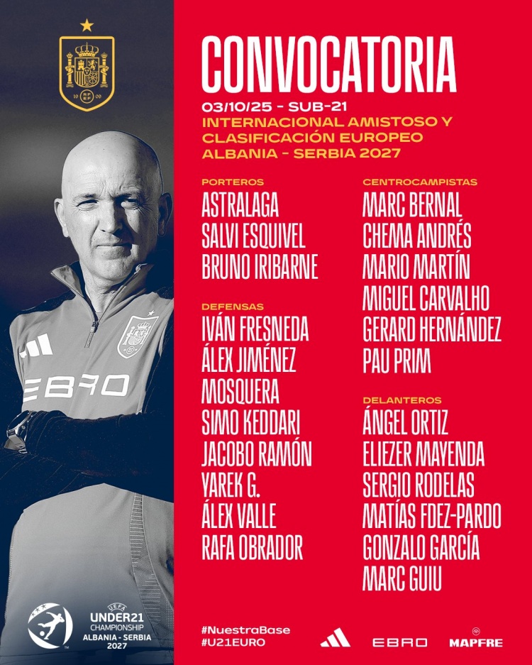 西班牙U21名单：伯纳尔、贡萨洛-加西亚、莫斯克拉、吉乌在列