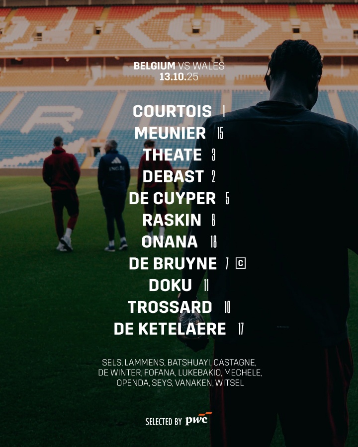 比利时客战威尔士首发：德布劳内、库尔图瓦领衔，特罗萨德出战
